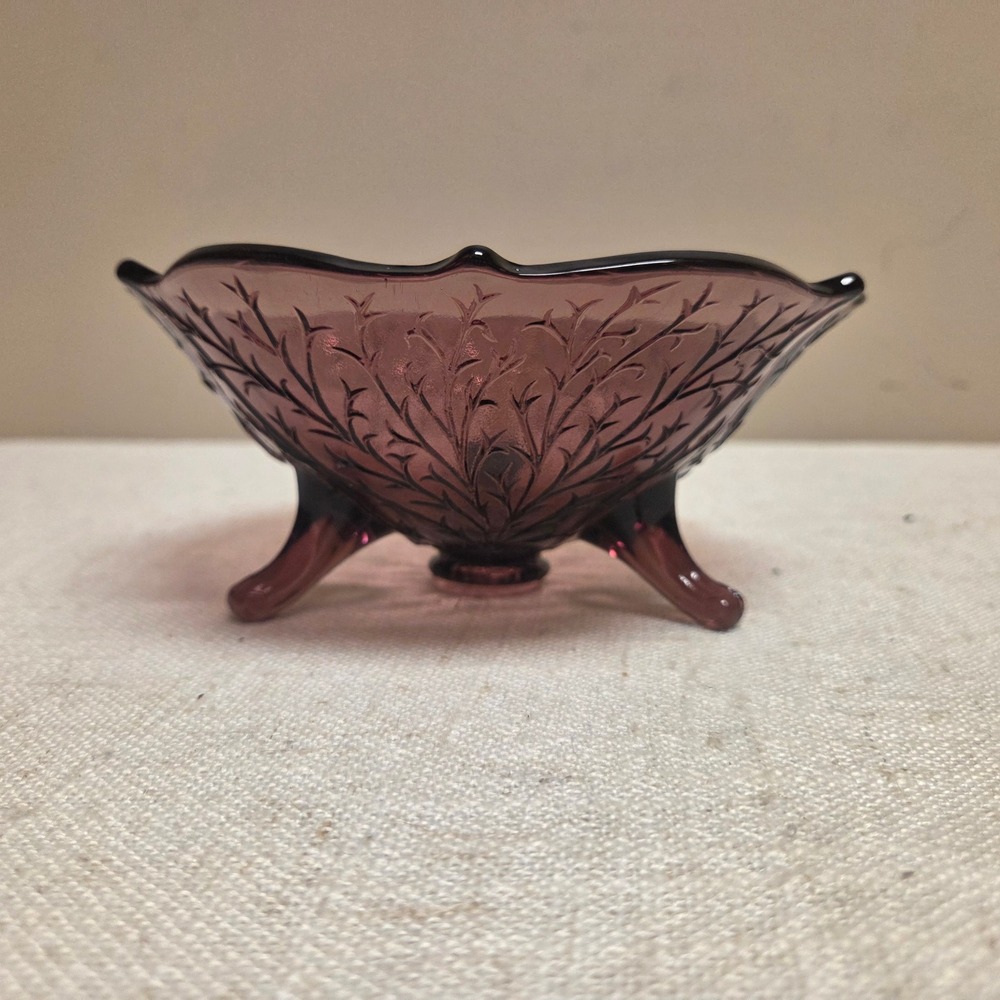 Fenton Amethyst Purple Glass Footed Nut Bowl Scalloped Etched Branch Candy Dish
